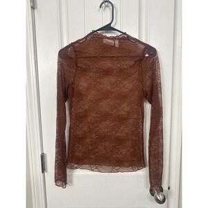 Willow + Root Rust Brown Sheer Floral Lace Mock Neck Long Sleeve Top Medium